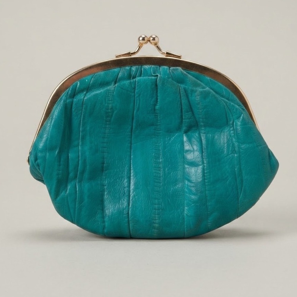 Vintage Teal Eel Skin Leather Coin Purse Gold Kiss Lock Frame Pouch Wallet